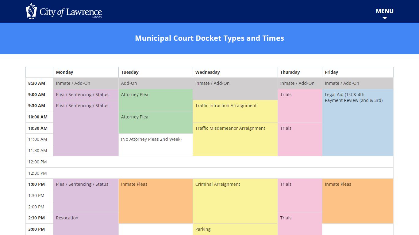 Municipal Court Docket Types and Times - City of Lawrence, Kansas